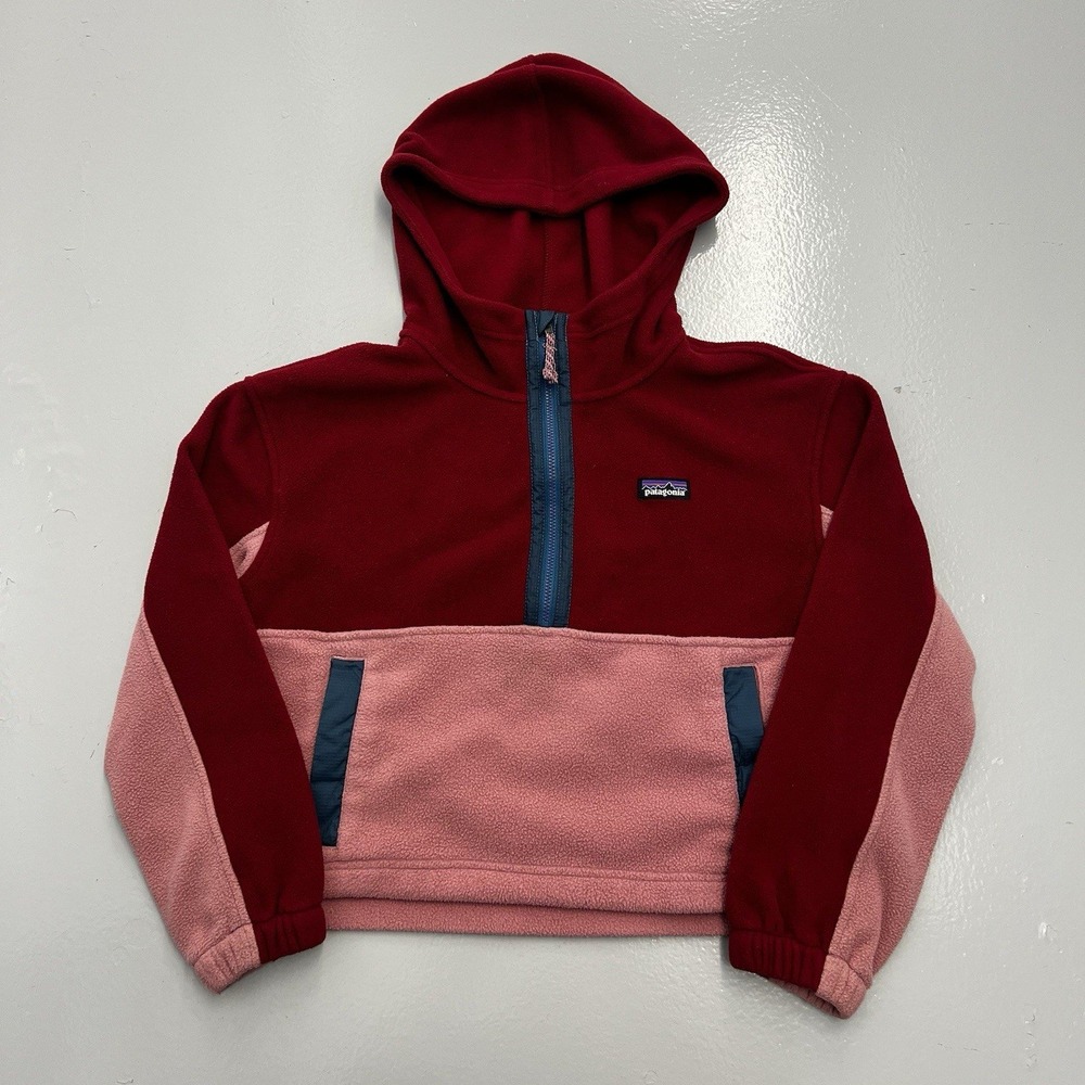 Patagonia Kids L 12 Micro D Snap-T Pullover Fleece Hoodie Red Pink Colorblock